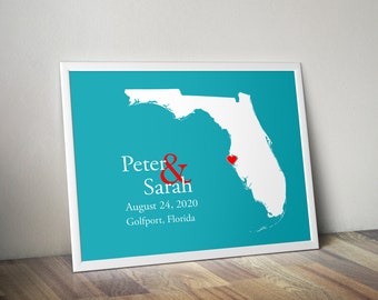 Personalized Florida Map: Custom Florida Wedding, Engagement Gift, Wedding Guest Book, Wedding Gift, Paper Anniversary Gift