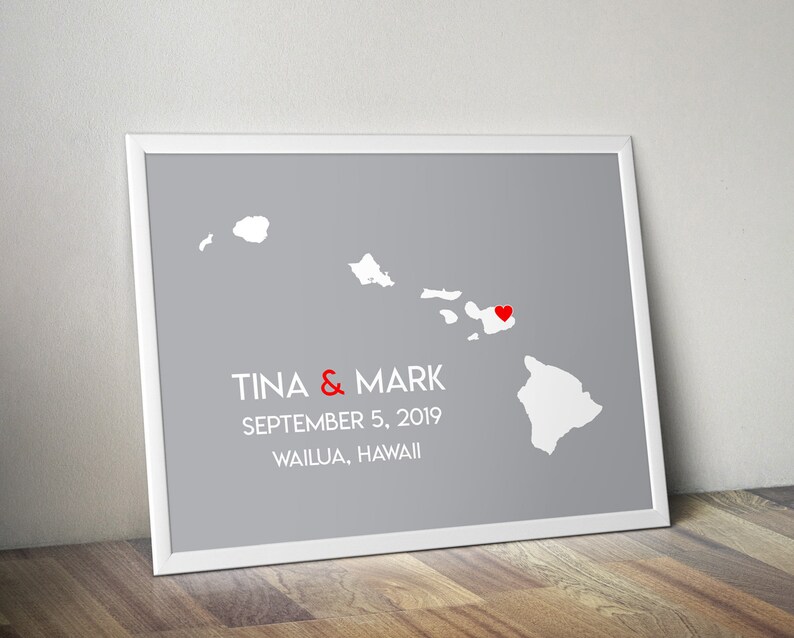 Personalized Hawaii Map: Custom Hawaii Wedding Paper Anniversary Gift Wedding Guest Book Engagement Gift Wedding Gift