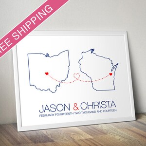 Personalisierte Fernbeziehung Geschenk Druck - Zwei Staaten Karten mit Liebespfaden, Verlobungsgeschenk, Hochzeitsgeschenk, Papier Jahrestagsgeschenk