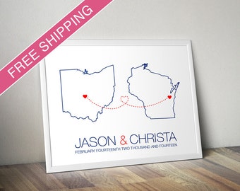 Personalized Long Distance Relationship Gift Print - Two States Maps with Love Trails, Engagement Gift, Wedding Gift, Paper Anniversary Gift