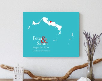 Personalized Turks and Caicos Map: Custom Turks and Caicos Wedding, Engagement Gift, Wedding Guest Book, Wedding Gift Paper Anniversary Gift