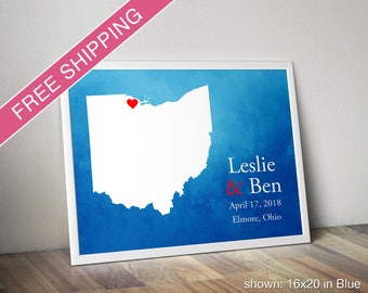 Custom Ohio Map with Watercolor Background: Ohio Wedding, Engagement Gift, Wedding Guest Book, Wedding Gift, Paper Anniversary Gift