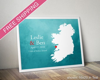 Custom Ireland Map with Watercolor Background: Ireland Wedding, Engagement Gift, Wedding Guest Book, Wedding Gift, Paper Anniversary Gift