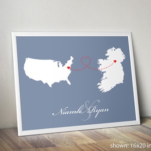 Mapa de dois países com trilhas de amor, presente de noivado, presente de casamento, presente de aniversário - impressão personalizada de presente de relacionamento de longa distância