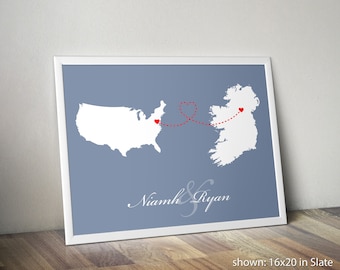 Two Countries Map with Love Trails, Engagement Gift, Wedding Gift , Anniversary Gift - Personalized Long Distance Relationship Gift Print