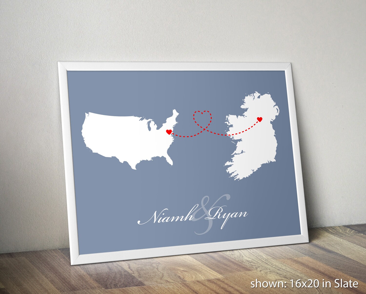 Two Countries Map with Love Trails, Engagement Gift, Wedding Gift , Anniversary Gift - Personalized Long Distance Relationship Gift Print