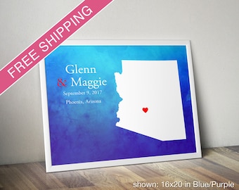 Custom Arizona Map with Watercolor Background: Arizona Wedding, Engagement Gift, Wedding Guest Book, Wedding Gift, Paper Anniversary Gift