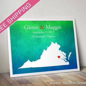 Custom Virginia Map with Watercolor Background: Virginia Wedding, Engagement Gift, Wedding Guest Book, Wedding Gift, Paper Anniversary Gift