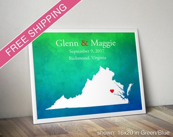 Custom Virginia Map with Watercolor Background: Virginia Wedding, Engagement Gift, Wedding Guest Book, Wedding Gift, Paper Anniversary Gift