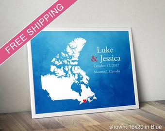 Custom Canada Map with Watercolor Background: Canada Wedding, Engagement Gift, Wedding Guest Book, Wedding Gift, Paper Anniversary Gift