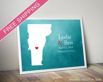 Custom Vermont Map with Watercolor Background: Vermont Wedding, Engagement Gift, Wedding Guest Book, Wedding Gift, Paper Anniversary Gift