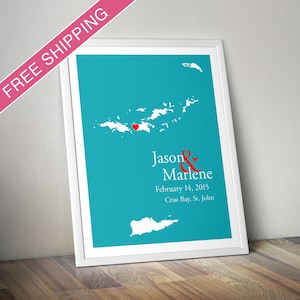 Mapa personalizado das Ilhas Virgens: Casamento personalizado das Ilhas Virgens, presente de noivado, livro de visitas de casamento, presente de casamento, presente de aniversário de papel