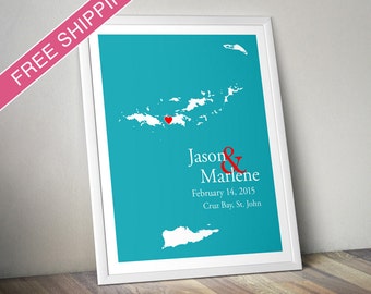 Personalized Virgin Islands Map: Custom Virgin Islands Wedding, Engagement Gift, Wedding Guest Book, Wedding Gift, Paper Anniversary Gift