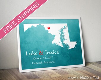 Custom Maryland Map with Watercolor Background: Maryland Wedding, Engagement Gift, Wedding Guest Book, Wedding Gift, Paper Anniversary Gift