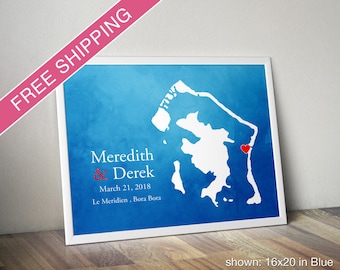 Custom Bora Bora Map with Watercolor Background: Bora Bora Wedding, Engagement Gift, Wedding Guest Book, Wedding Gift Paper Anniversary Gift