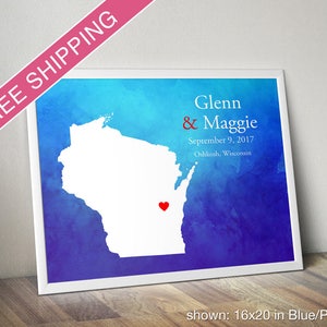 Benutzerdefinierte Wisconsin Karte mit Aquarell Hintergrund: Wisconsin Hochzeit, Verlobungsgeschenk, Hochzeitsgästebuch, Hochzeitsgeschenk Papier Jahrestagsgeschenk