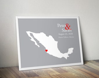 Personalized Mexico Map: Custom Mexico Wedding, Engagement Gift, Wedding Guest Book, Wedding Gift, Paper Anniversary Gift