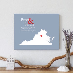 Personalized Virginia Map: Custom Virginia Wedding, Engagement Gift, Wedding Guest Book, Wedding Gift, Paper Anniversary Gift