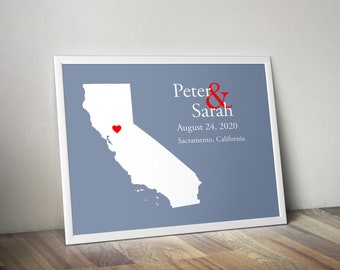 Personalized California Map: Custom California Wedding, Engagement Gift, Wedding Guest Book, Wedding Gift, Paper Anniversary Gift