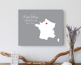 Personalized France Map: Custom France Wedding, Engagement Gift, Wedding Guest Book, Wedding Gift, Paper Anniversary Gift