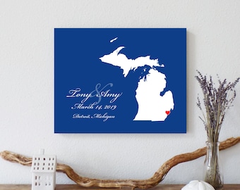 Personalized Michigan Map: Custom Michigan Wedding, Engagement Gift, Wedding Guest Book, Wedding Gift, Paper Anniversary Gift