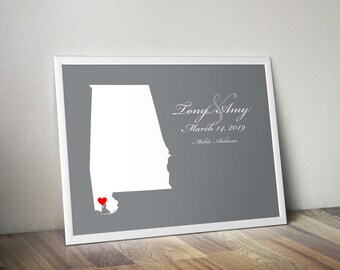 Personalized Alabama Map: Custom Alabama Wedding, Engagement Gift, Wedding Guest Book, Wedding Gift, Paper Anniversary Gift