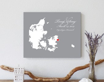 Personalized Denmark Map: Custom Denmark Wedding, Engagement Gift, Wedding Guest Book, Wedding Gift, Paper Anniversary Gift