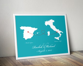 Personalized Two States Connecting Hearts Art Print - Engagement Gift, Wedding Gift, Long Distance Relationship Gift, Paper Anniversary Gift