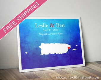 Custom Puerto Rico Map with Watercolor Background: Puerto Rico Wedding, Engagement Gift, Wedding Guest Book, Wedding Gift, Anniversary Gift