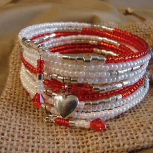 Let Me Call You Sweetheart: 10-Coil Memory Wire Bracelet With Glass Seed Beads, Swarovski Crystal Beads and Sterling Silver!