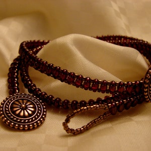 Red Wine: Triple Wrap Beaded Bracelet With Copper Plated Pewter Bali Flower Button Clasp!