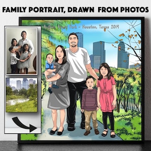 May include: A framed family portrait drawn from photos. The artwork depicts a family of five standing in front of a park scene with city buildings in the background. The text "FAMILY PORTRAIT, DRAWN FROM PHOTOS" is at the top.