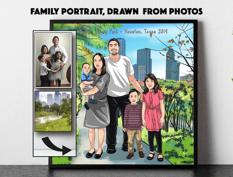 May include: A framed family portrait drawn from photos. The artwork depicts a family of five standing in front of a park scene with city buildings in the background. The text "FAMILY PORTRAIT, DRAWN FROM PHOTOS" is at the top.