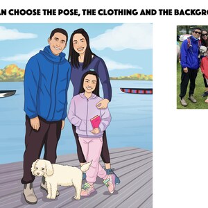May include: Digital illustration of a family of three and a dog standing on a wooden dock. The family is smiling, and the background shows a lake and sky. The text at the top says, "YOU CAN CHOOSE THE POSE, THE CLOTHING AND THE BACKGROUND..."