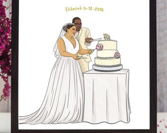 Creative Wedding Thank You Card, Hand Drawn Bride And Groom Portrait Illustration