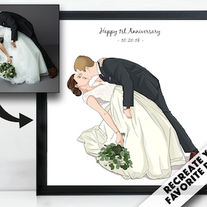 Retrato personalizado de novios en caricatura - Ilustración de boda de pareja de recién casados - Regalo de matrimonio para amigos - Regalo de papel para el primer aniversario