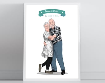 50th Anniversary Portrait From Photo, Personalized Golden Anniversary Gift Illustration