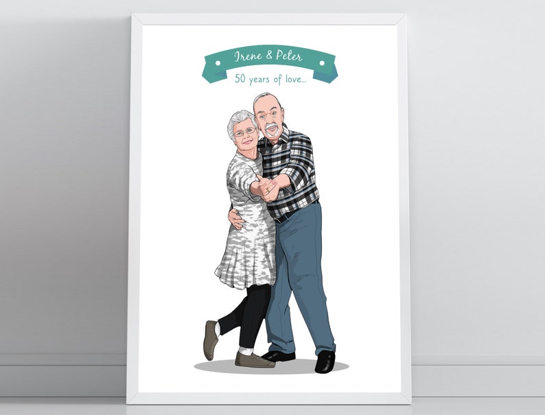 Custom Portrait From Photo, 50th Wedding Anniversary Gift For Parents Grandparents, Customized Couple Comic Art, Husband Wife Illustration image 1