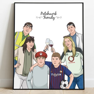 Personalized Cartoon Family Portrait Children Pets, Custom Art Commission Family Reunion, Anniversary Gift Husband Wife, Grandparents Gift