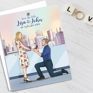 Tarjetas personalizadas para guardar la fecha de boda, lindas invitaciones de boda únicas, retrato de pareja dibujado a mano, dibujos animados de novia y novio, extraídos de una foto