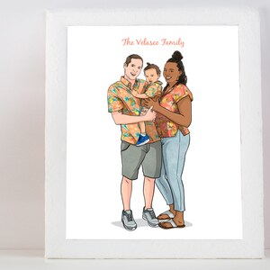 Ilustración personalizada de familia ensamblada a partir de una foto, dibujo animado personalizado de padres e hijos, retrato de aniversario como recuerdo de la relación.