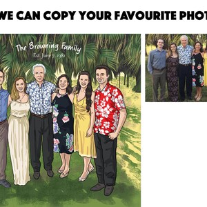 May include: A family portrait illustration featuring seven people standing together. The illustration is based on a photograph, with the text "The Browning Family Est. June 7, 1981" at the top. The people are dressed in various outfits.