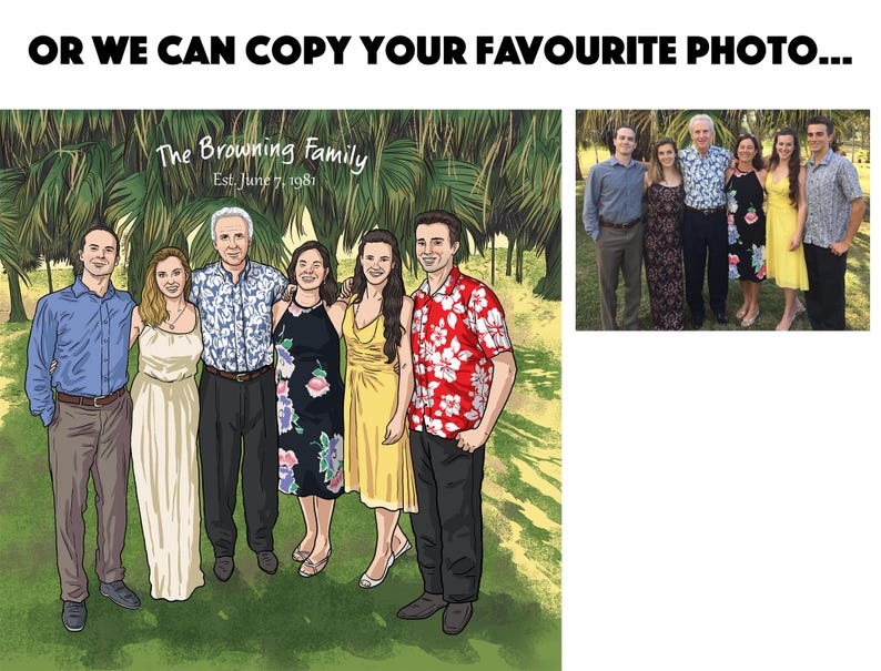 May include: A family portrait illustration featuring seven people standing together. The illustration is based on a photograph, with the text "The Browning Family Est. June 7, 1981" at the top. The people are dressed in various outfits.