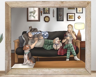 Custom Made Couple Portrait With Dogs And Cats, Birthday Gift For Pet Owners