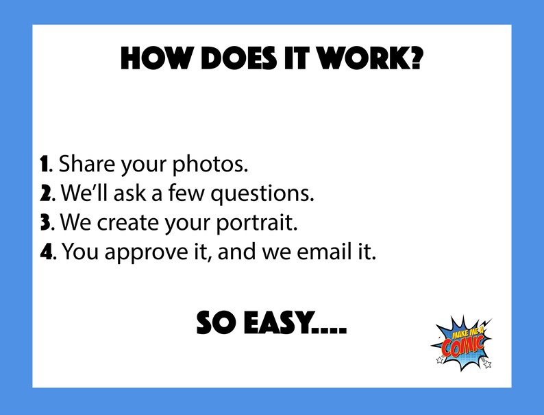 May include: A white graphic on a blue background details the process: Share photos, answer questions, portrait creation, and approval. The text "HOW DOES IT WORK?" is at the top, followed by numbered steps. A comic-style logo is in the bottom right.