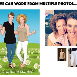May include: Illustration of two women in a field of daisies, one in a black top and blue jeans, the other in a tan top and white pants. The text reads "From the 'Golden Girls'" and "WE CAN WORK FROM MULTIPLE PHOTOS...."