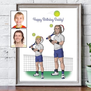 Ritratto personalizzato di padre e figlio a tema tennis, regalo di compleanno insolito per il marito, uomo che ha tutto, sorpresa sportiva premurosa