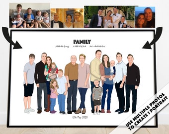 Large Family Portrait From Photo, Personalized Digital Illustration, Wedding Anniversary Parents Grandparent, Family Reunion Long Distance