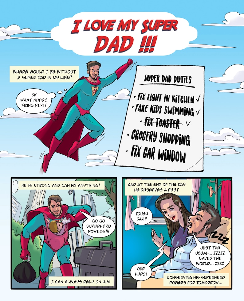 Super Dad Comic Strip Son Daughter Daddy Birthday Etsy Super Dad Comic Strip Son Daughter Daddy Birthday Etsy