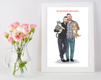 Custom Made Gay Valentines Card For Boyfriend, Personalized Hand Drawn Couple Portrait With Pets, Cute Same Sex Marriage Relationship Gift